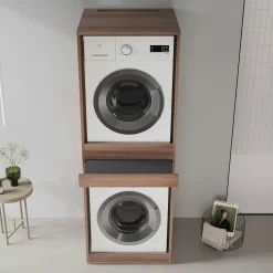 Meuble machine à laver et sèche-linge décor bois foncé NIX
