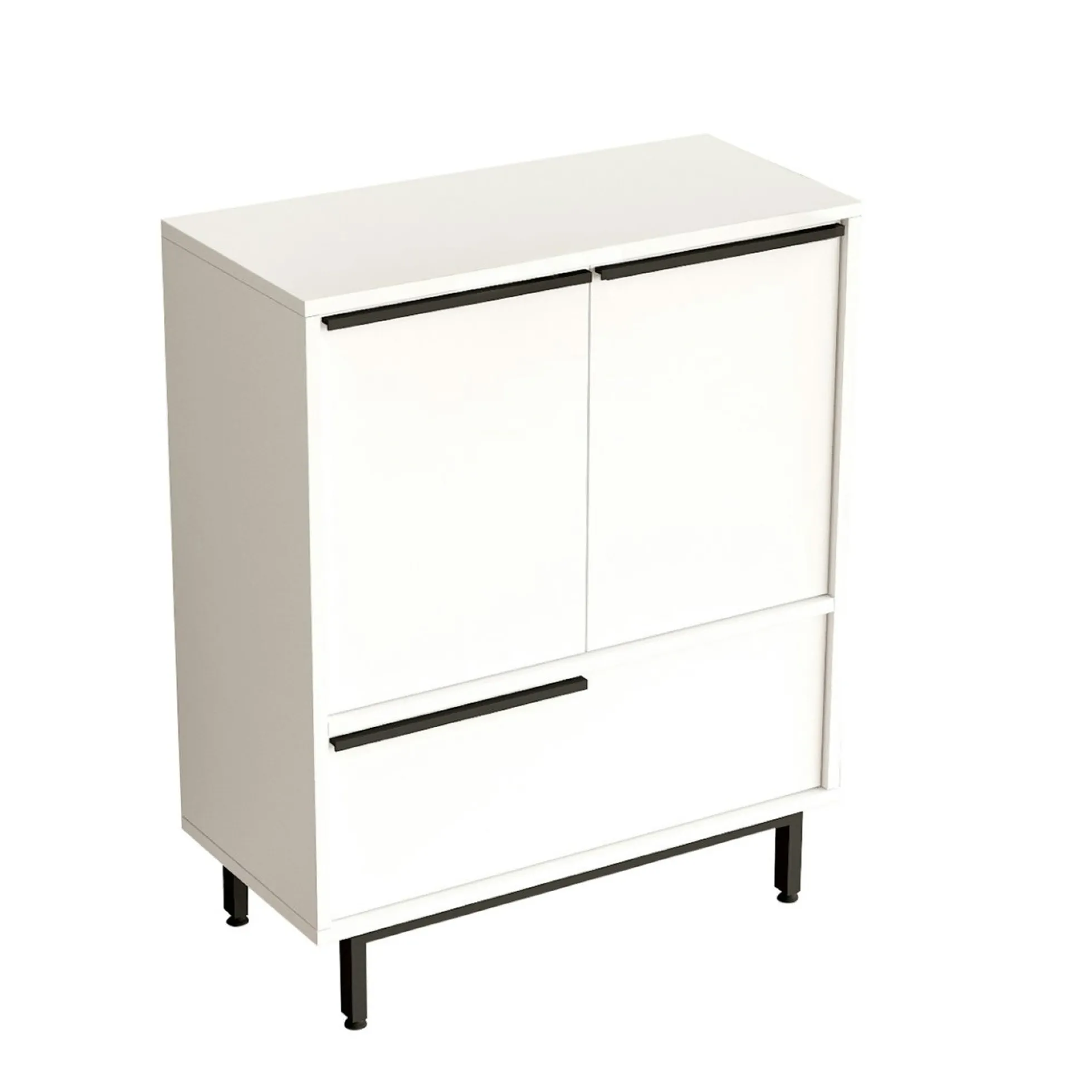 Meuble rangement bureau blanc 3 portes poignées noires JENA