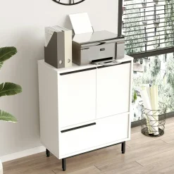 Meuble rangement bureau blanc 3 portes poignées noires JENA