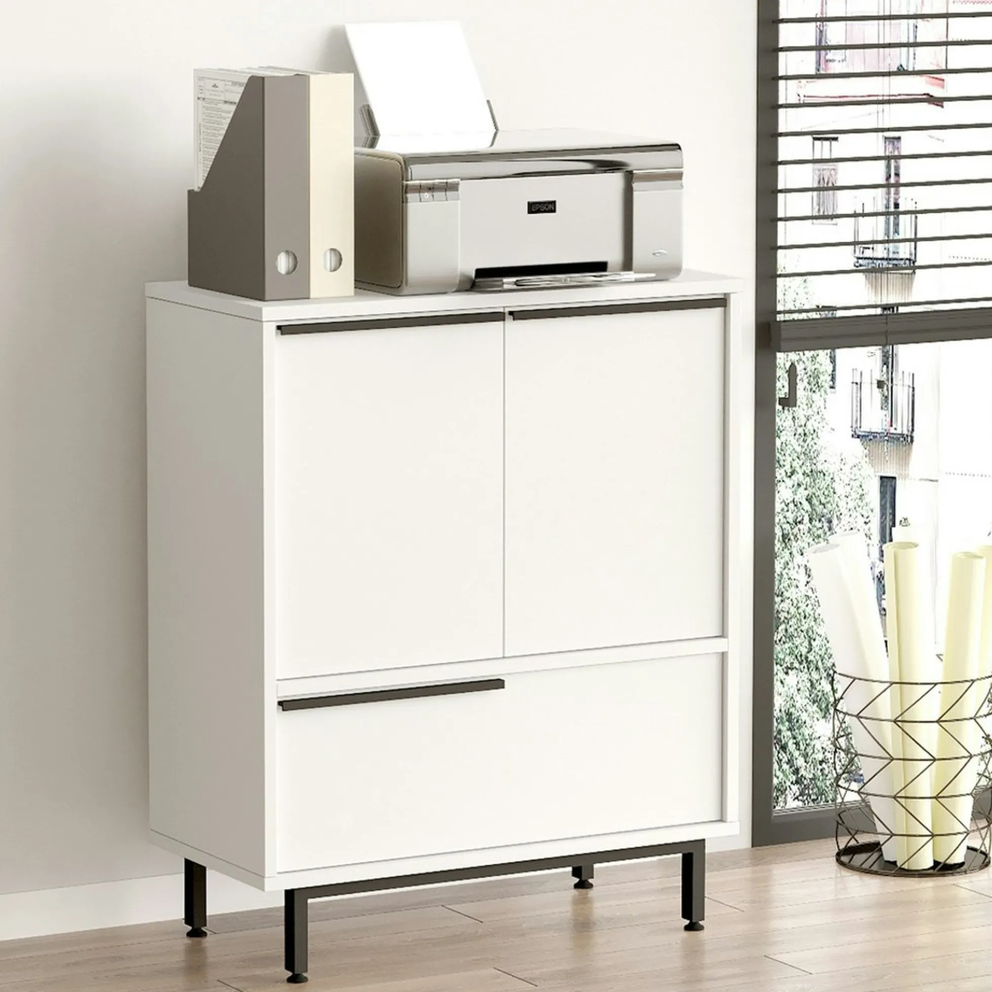 Meuble rangement bureau blanc 3 portes poignées noires JENA