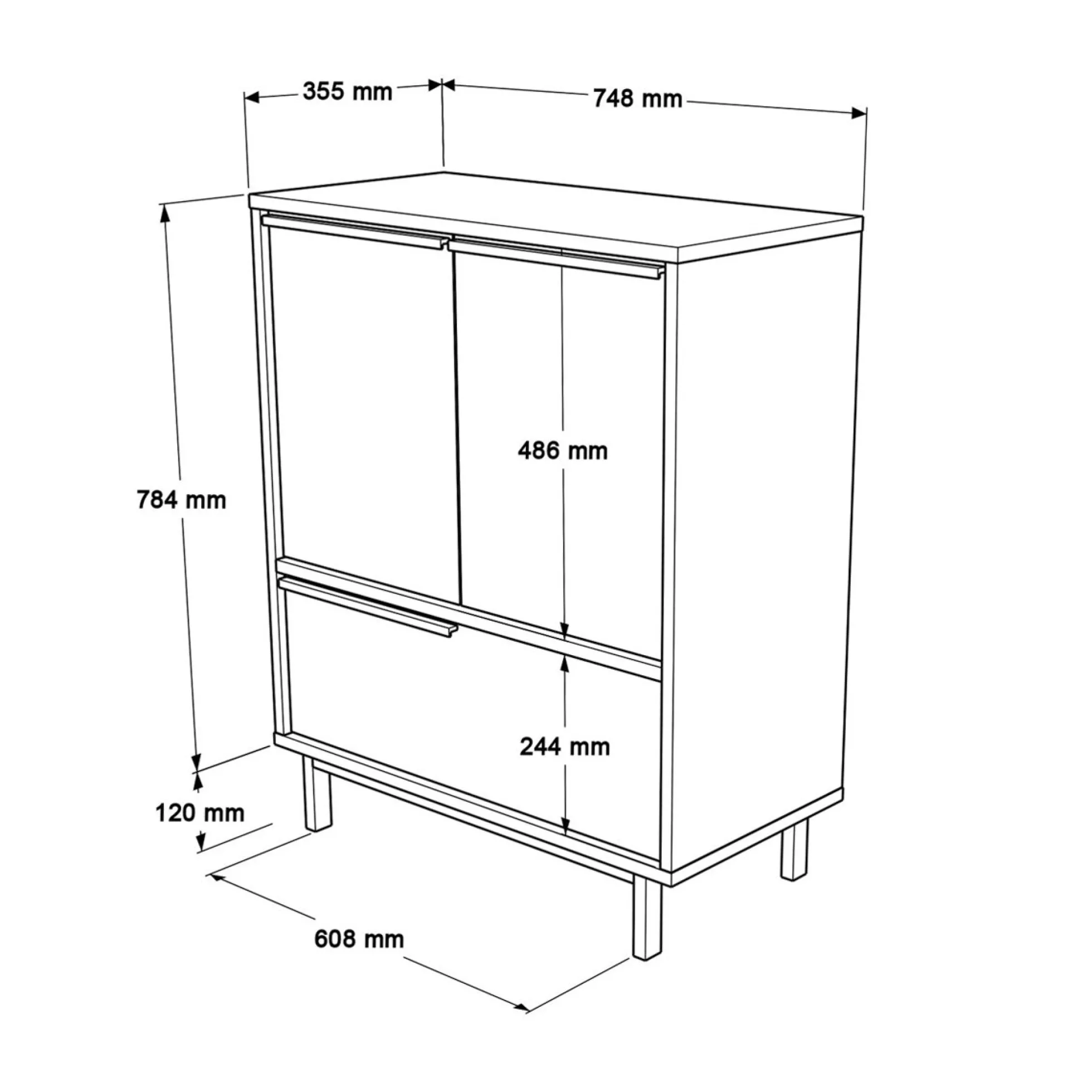 Meuble rangement bureau blanc 3 portes poignées noires JENA