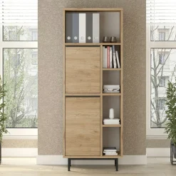 Meuble rangement bureau décor bois 2 portes 4 niches JENA