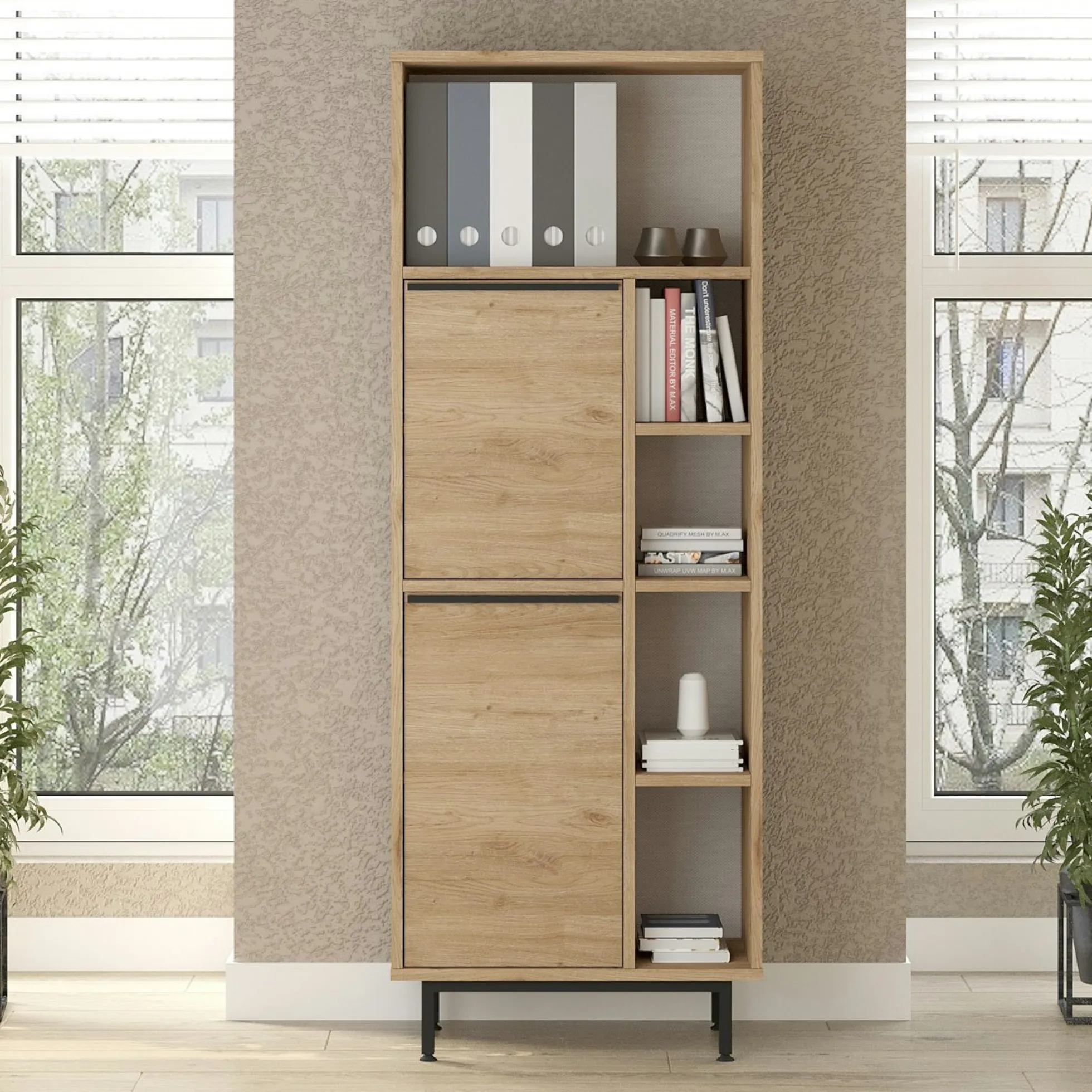 Meuble rangement bureau décor bois 2 portes 4 niches JENA
