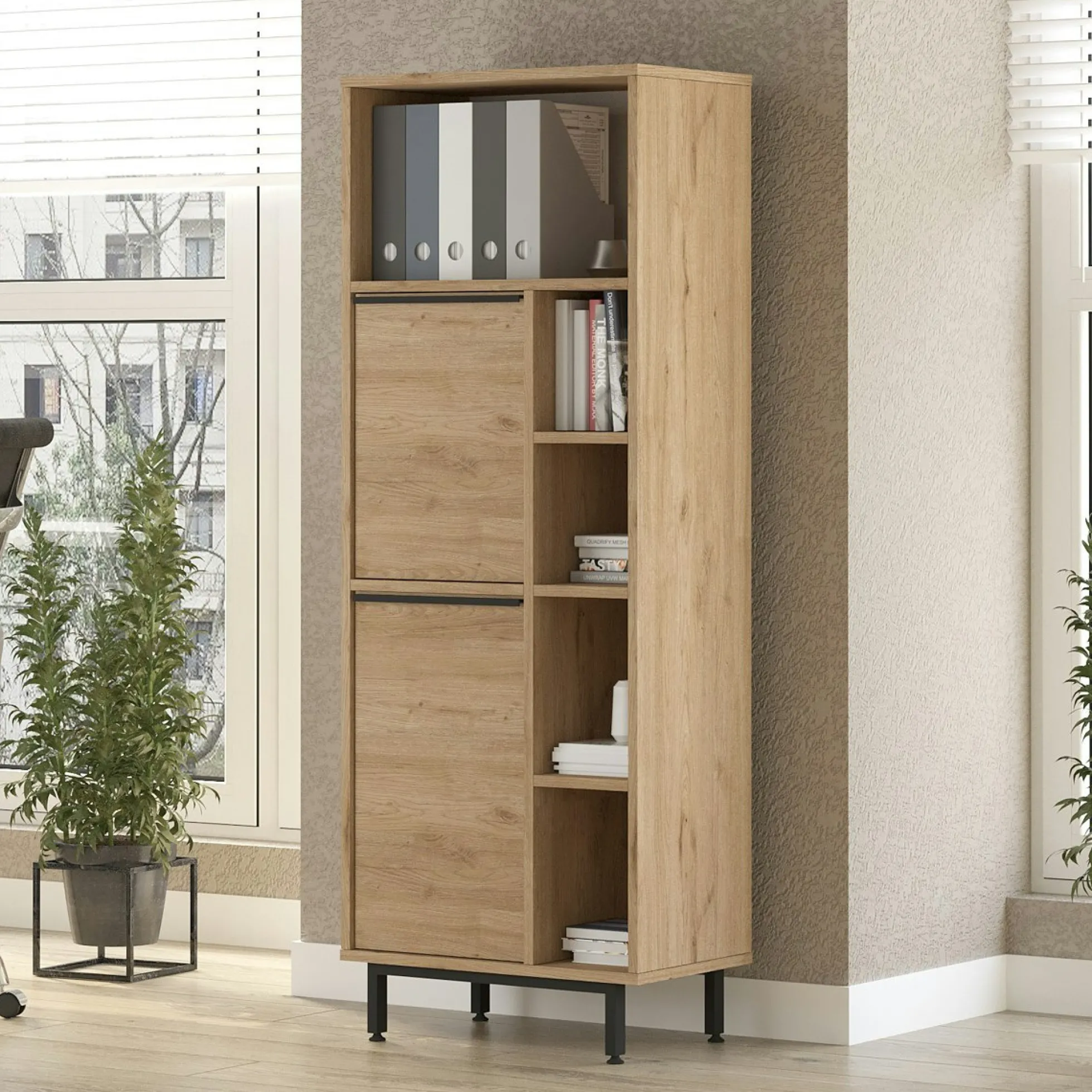 Meuble rangement bureau décor bois 2 portes 4 niches JENA