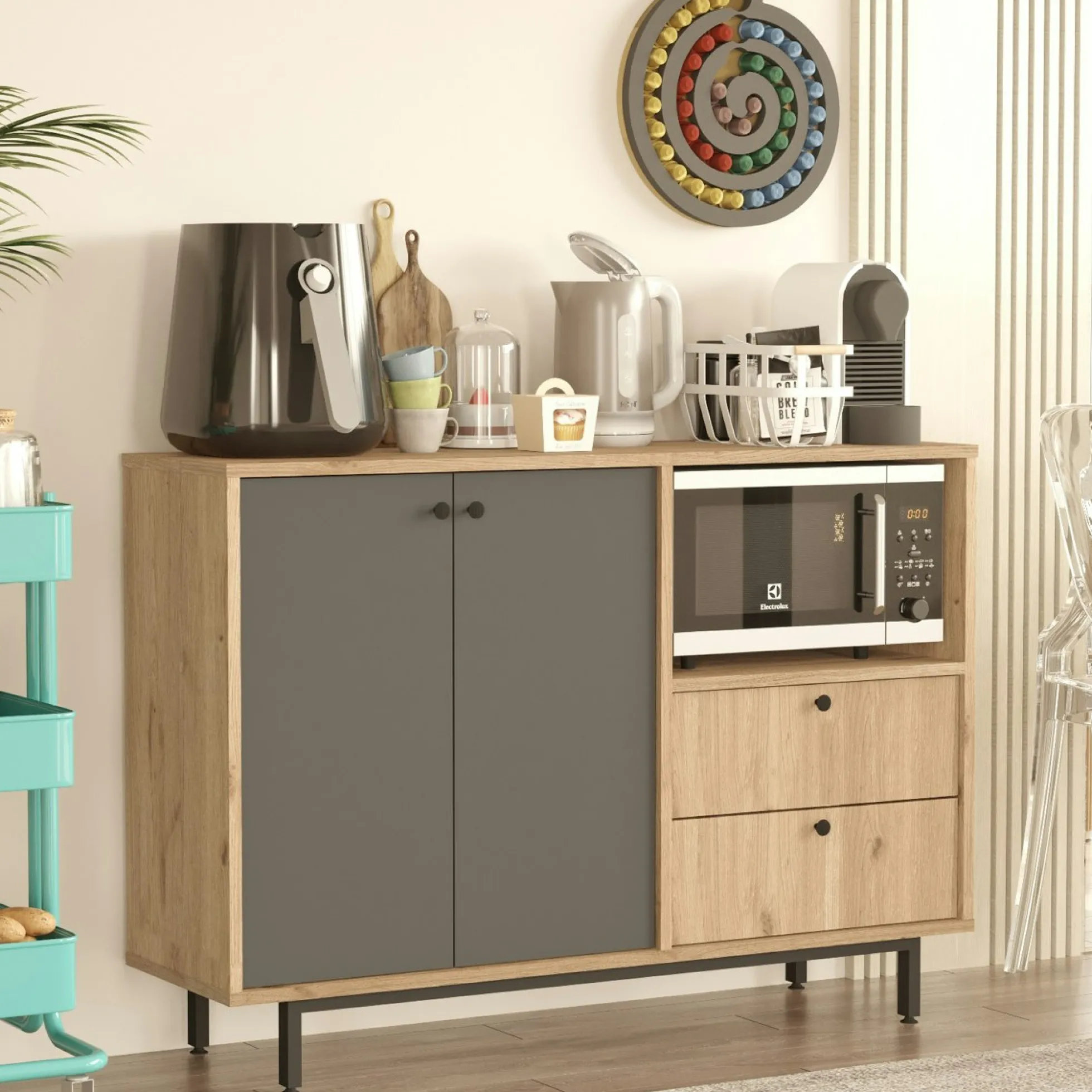Meuble rangement cuisine 2 portes grises 2 tiroirs JENA