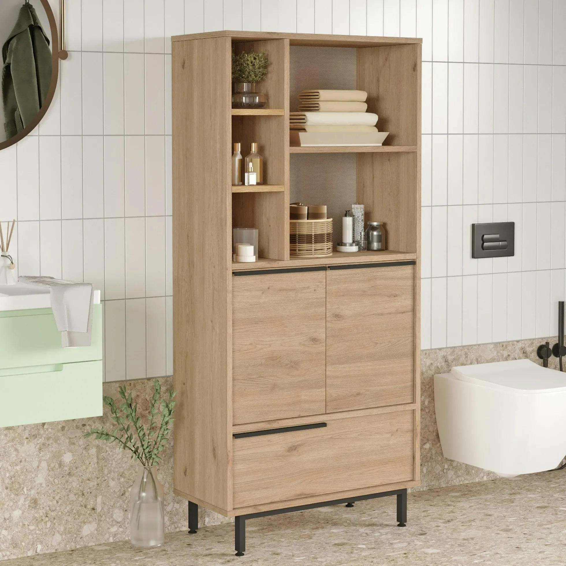 Meuble salle de bains moderne effet bois - 3 portes JENA