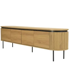 Meuble TV arrondi couleur naturelle 4 portes et pieds métal noir ELTON