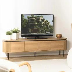 Meuble TV arrondi couleur naturelle 4 portes et pieds métal noir ELTON