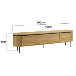 Meuble TV arrondi couleur naturelle 4 portes et pieds métal noir ELTON