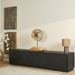 Meuble TV avec rangement bois noir 200 cm MONTARO