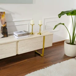 Meuble TV avec rangement - effet travertin, pieds dorés JENA