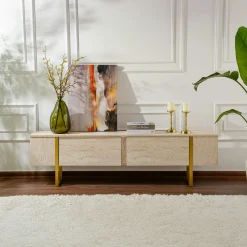 Meuble TV avec rangement - effet travertin, pieds dorés JENA
