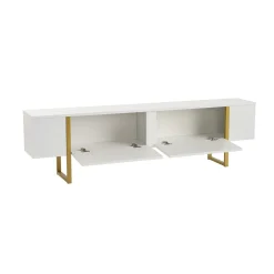 Meuble TV blanc avec rangement - effet laque, pieds dorés JENA