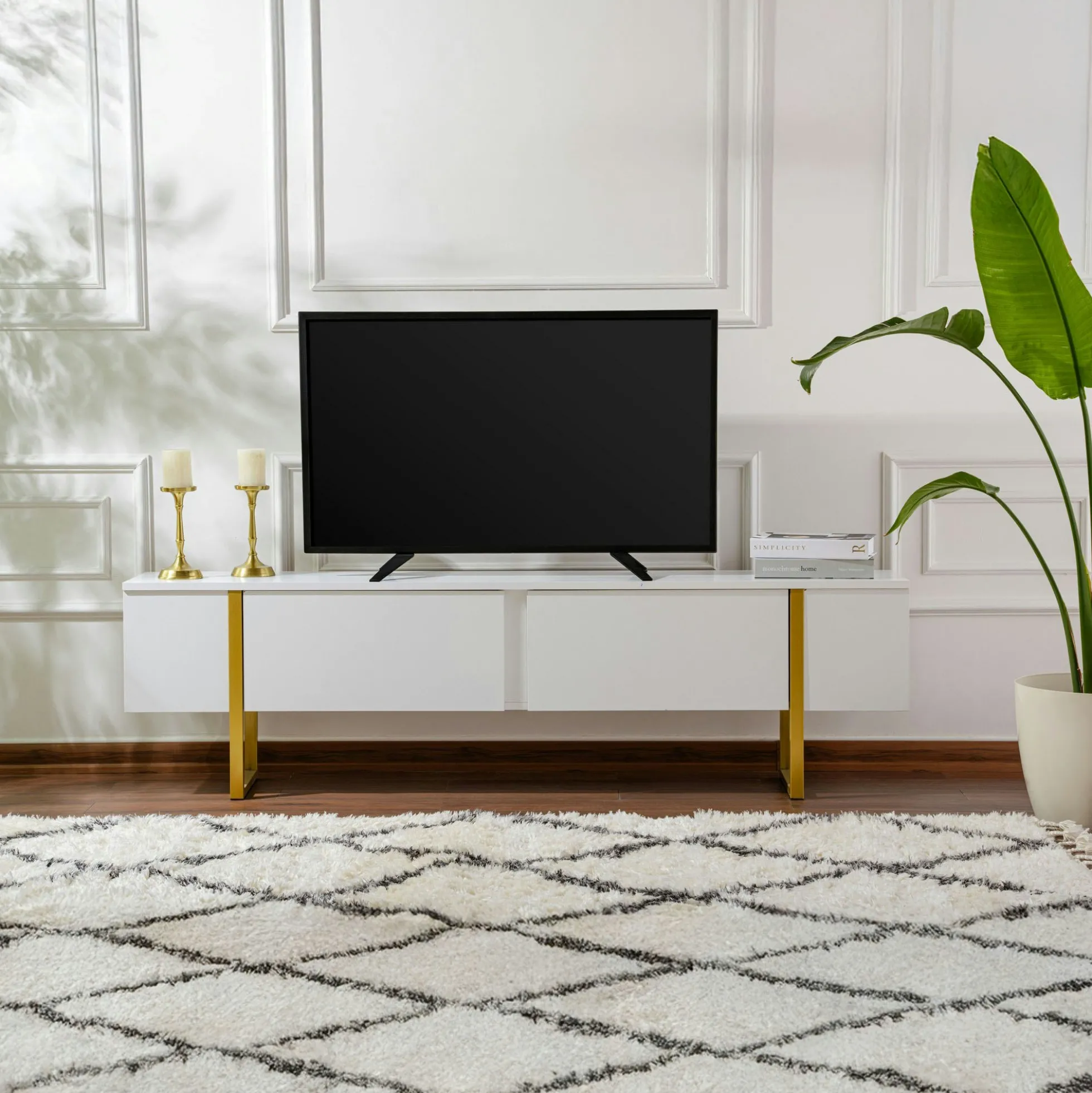 Meuble TV blanc avec rangement - effet laque, pieds dorés JENA