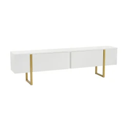 Meuble TV blanc avec rangement - effet laque, pieds dorés JENA