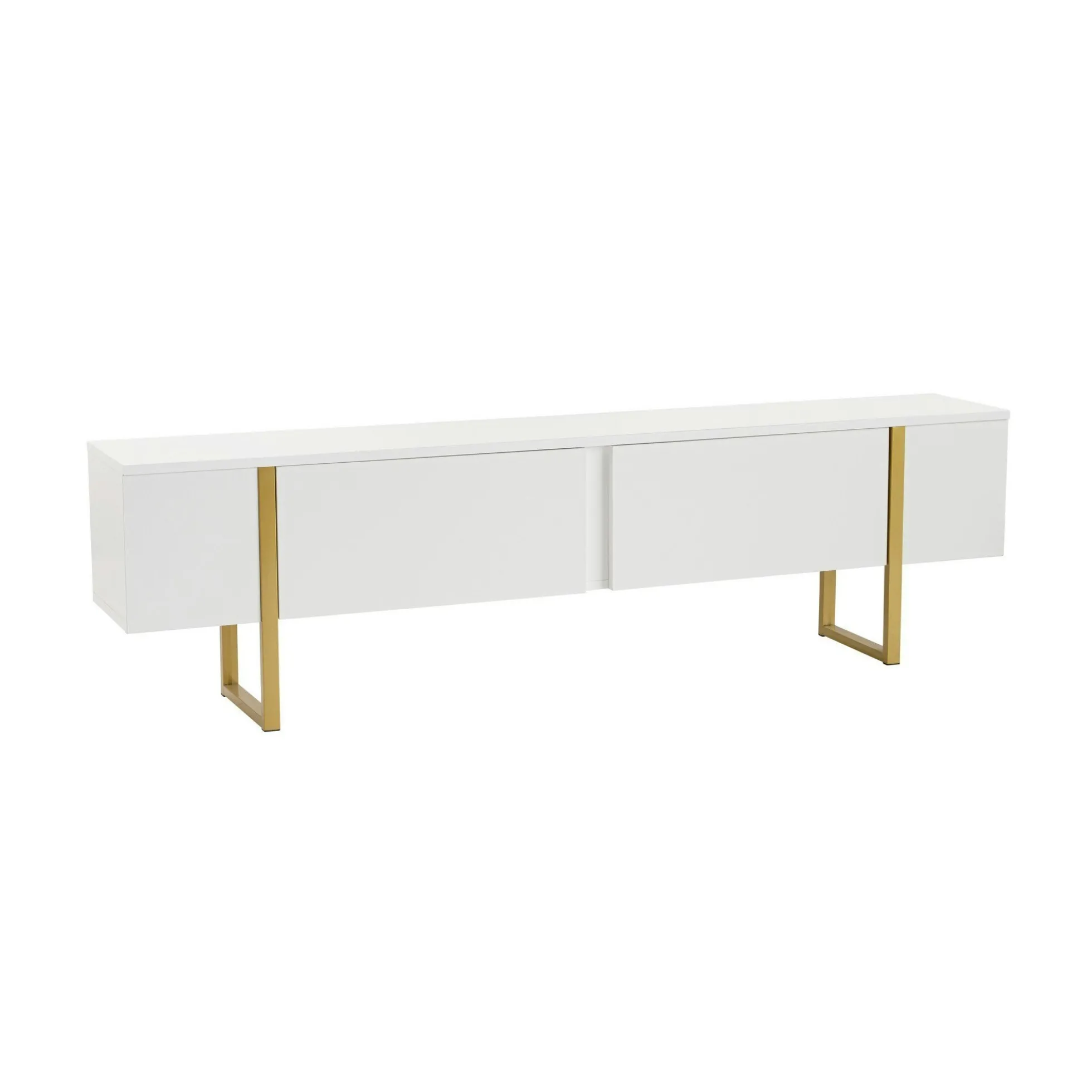 Meuble TV blanc avec rangement - effet laque, pieds dorés JENA