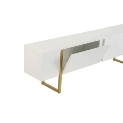 Meuble TV blanc avec rangement - effet laque, pieds dorés JENA