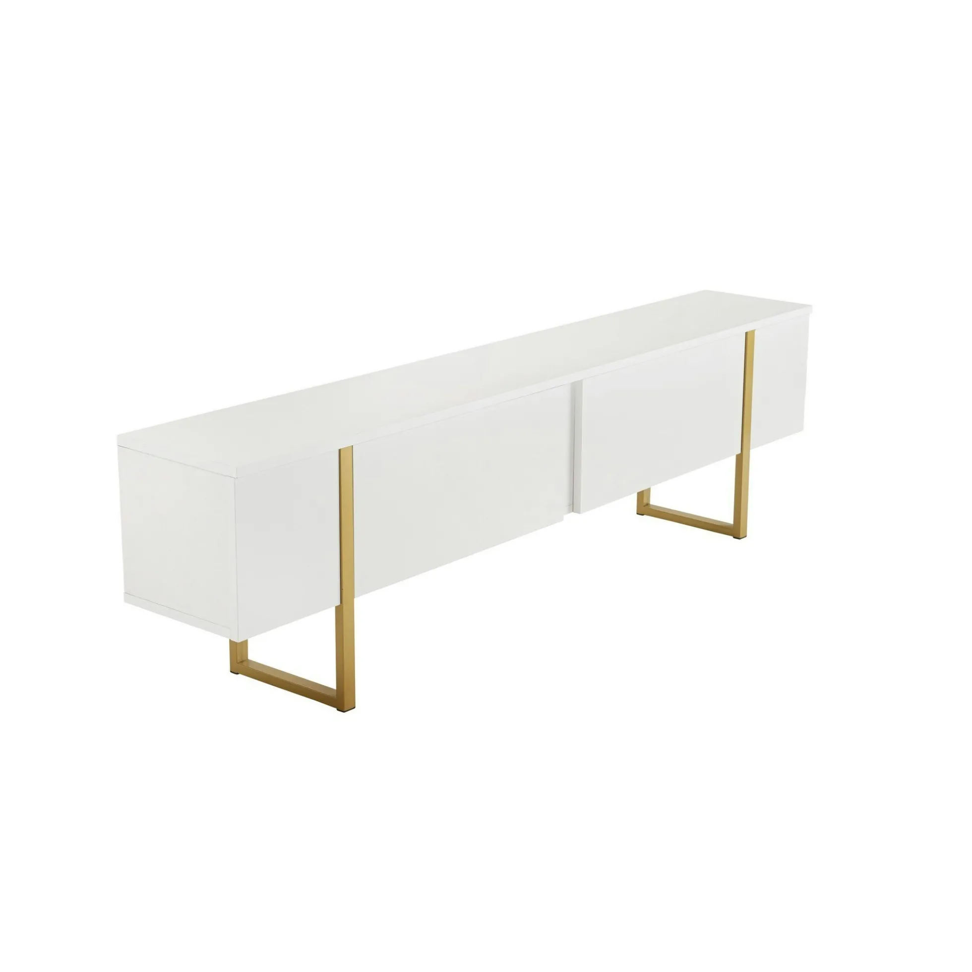 Meuble TV blanc avec rangement - effet laque, pieds dorés JENA