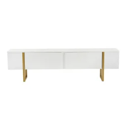 Meuble TV blanc avec rangement - effet laque, pieds dorés JENA