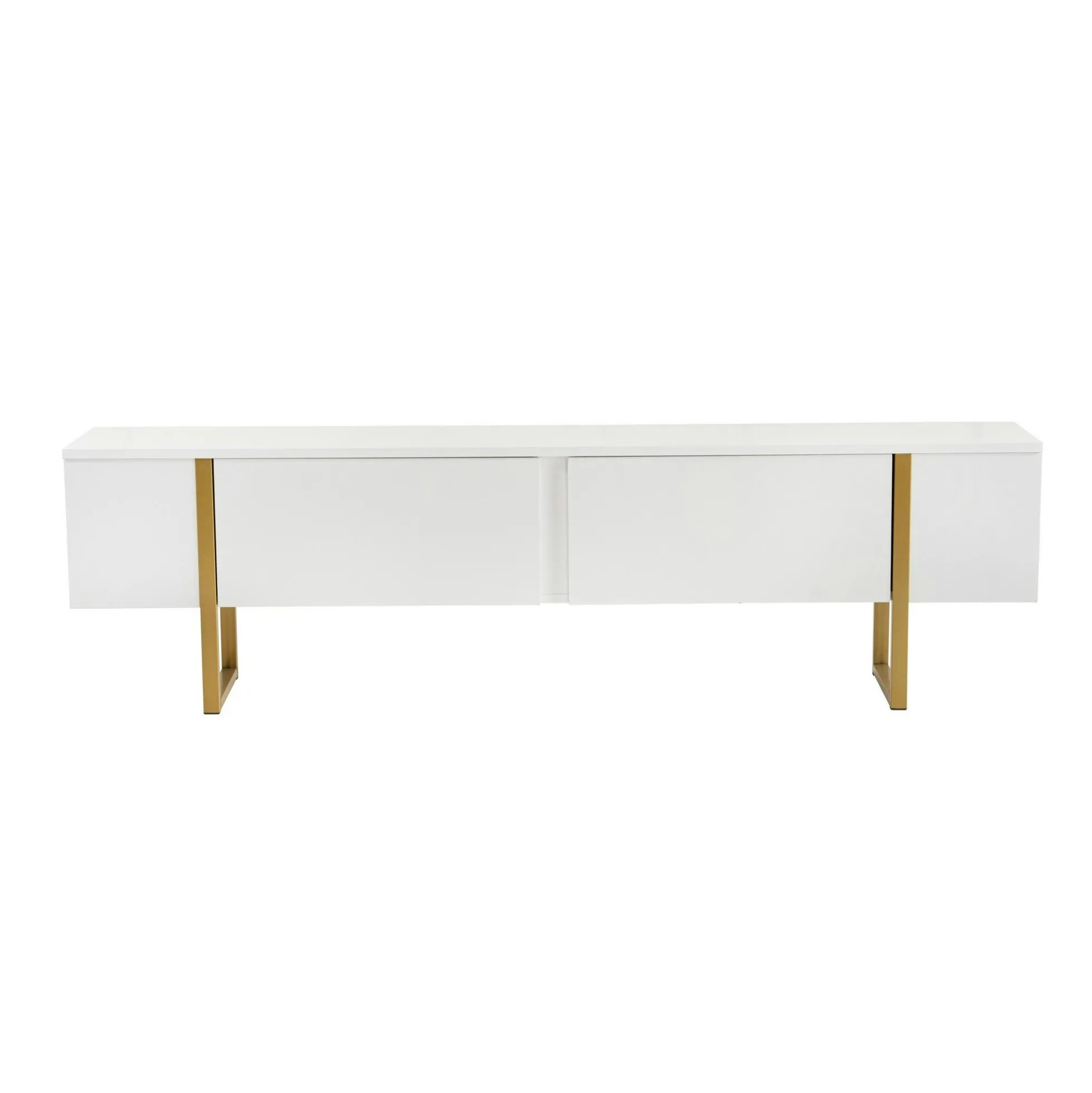 Meuble TV blanc avec rangement - effet laque, pieds dorés JENA