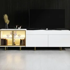Meuble TV blanc et doré 2 portes 1 niche LED AURA