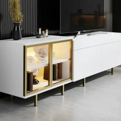 Meuble TV blanc et doré 2 portes 1 niche LED AURA