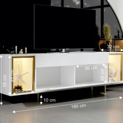 Meuble TV blanc et doré 2 portes 2 niches LED AURA