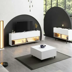 Meuble TV blanc 2 portes 2 niches LED à télécommande AURA
