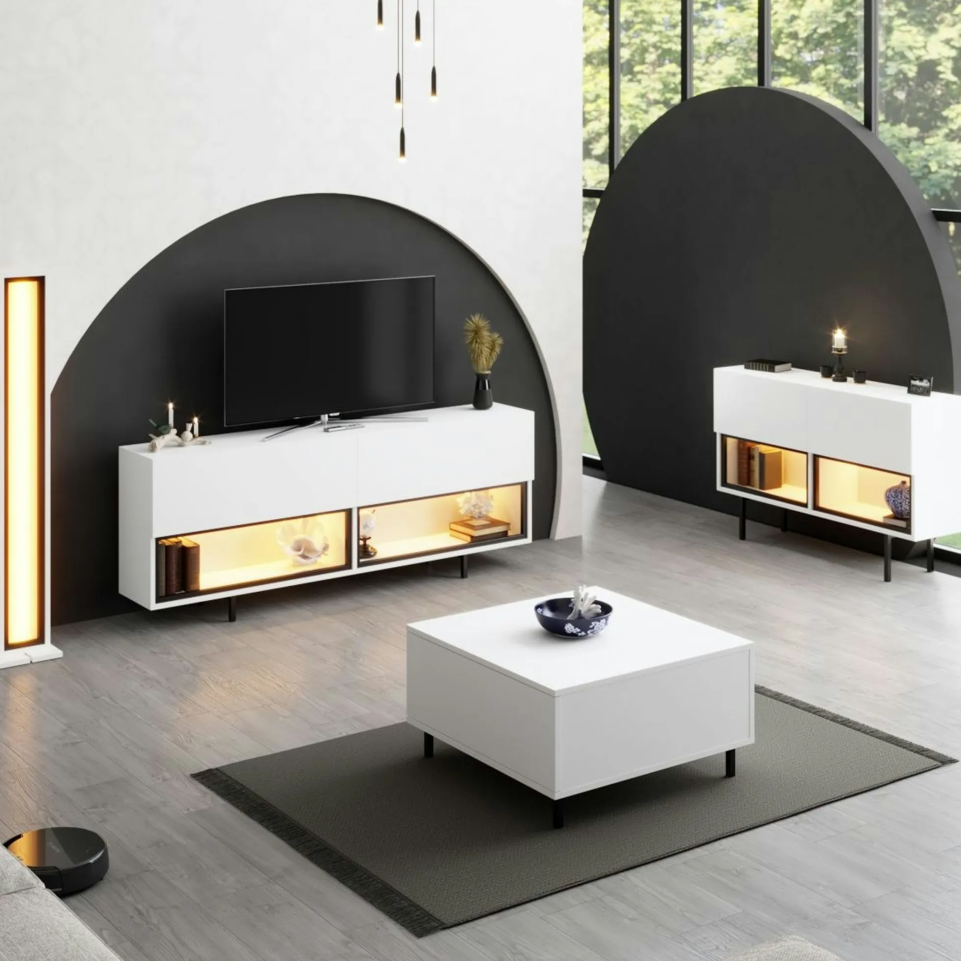 Meuble TV blanc 2 portes 2 niches LED à télécommande AURA