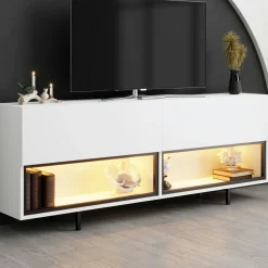 Meuble TV blanc 2 portes 2 niches LED à télécommande AURA
