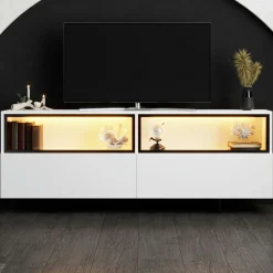 Meuble TV blanc 2 portes 2 niches hautes LED AURA