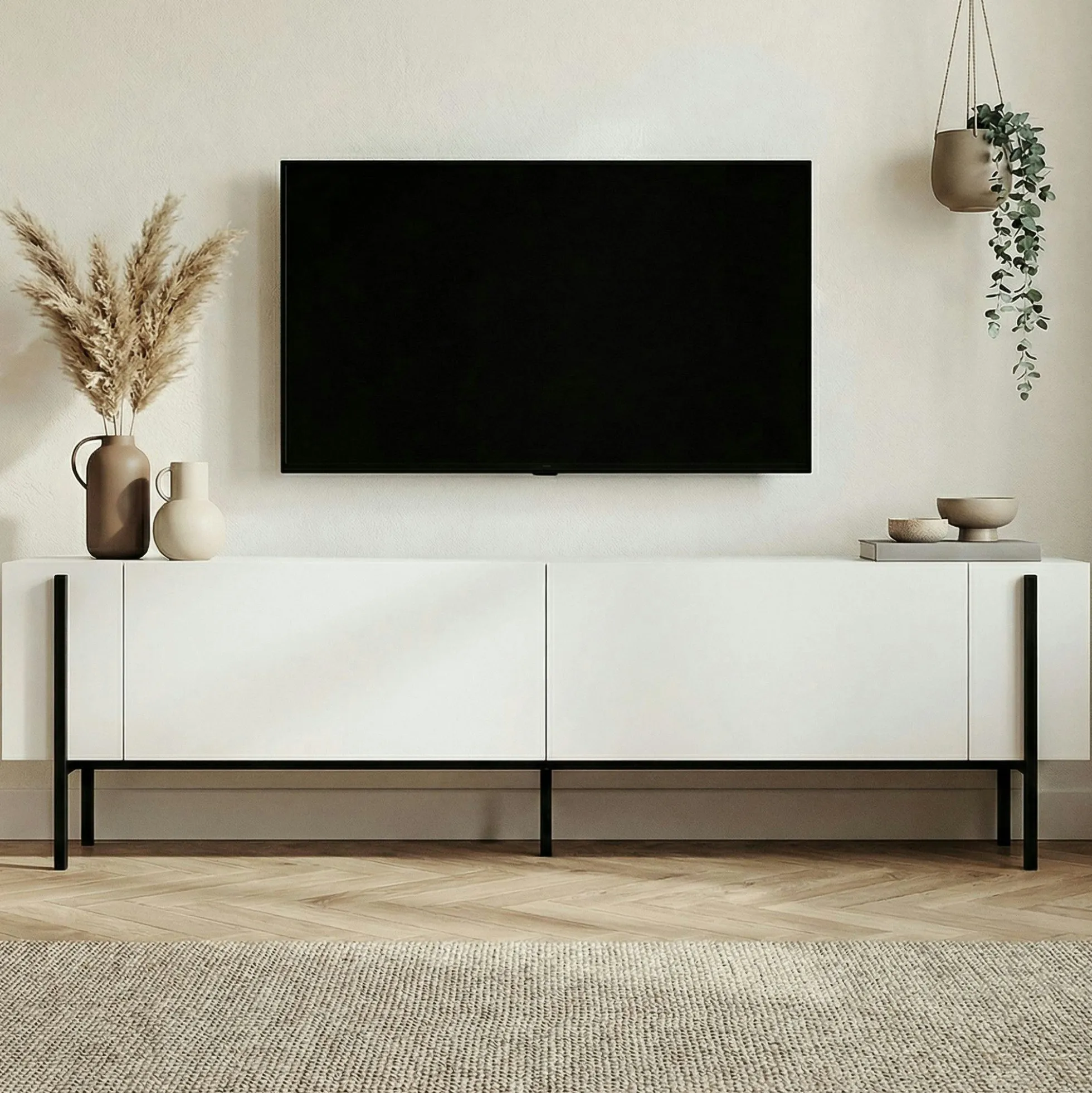 Meuble TV blanc 2 portes pieds métal noir MARFA