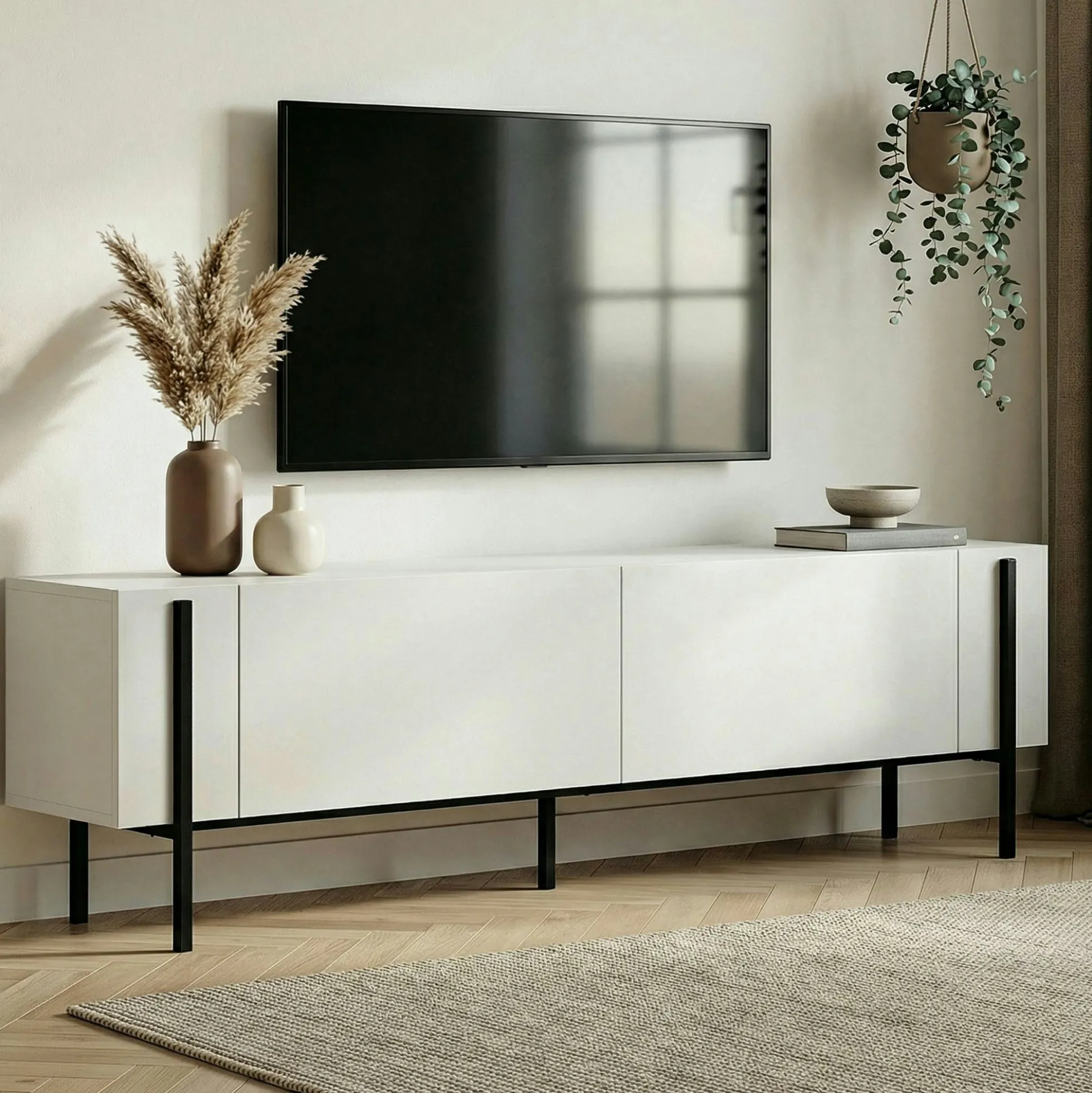 Meuble TV blanc 2 portes pieds métal noir MARFA
