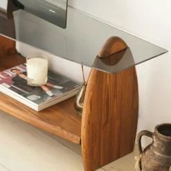 Meuble TV bois brun et verre fumé - 2 niches, vintage ANZIO