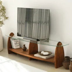 Meuble TV bois brun et verre - 2 niches, vintage ANZIO