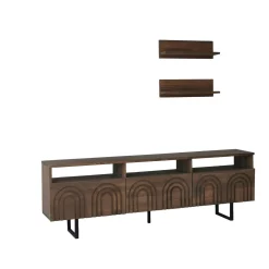 Meuble TV bois brun motif arches avec 2 étagères JACA