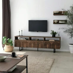 Meuble TV bois brun motif arches avec 2 étagères JACA
