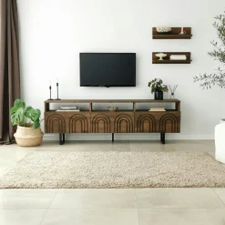 Meuble TV bois brun motif arches avec 2 étagères JACA