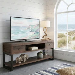 Meuble TV bois brun recyclé double plateau SAMOA