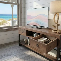 Meuble TV bois brun recyclé double plateau SAMOA