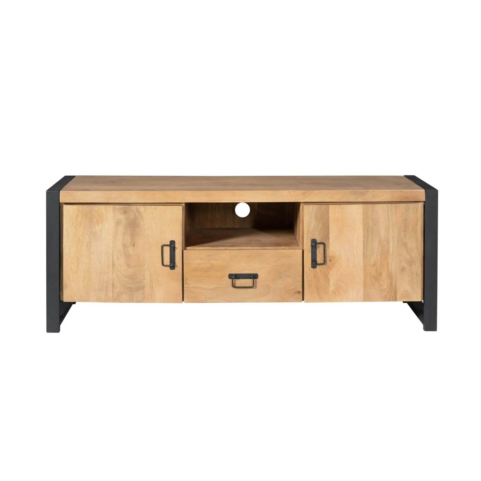 Meuble TV bois clair et métal noir 2 portes MILORA