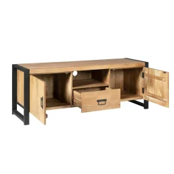 Meuble TV bois clair et métal noir 2 portes MILORA