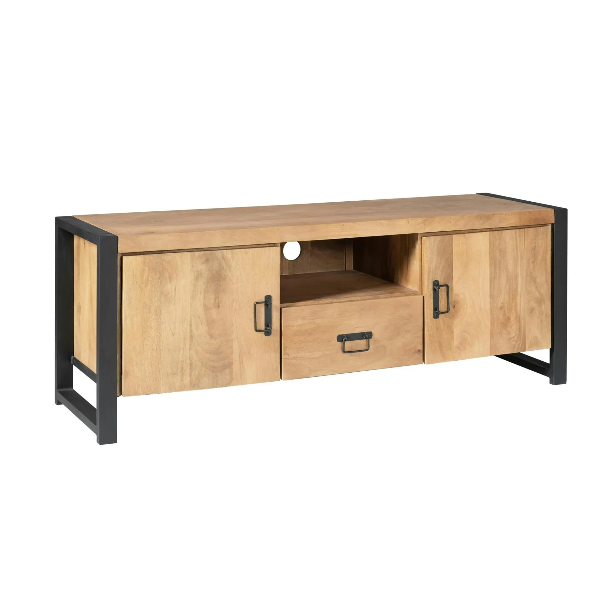 Meuble TV bois clair et métal noir 2 portes MILORA