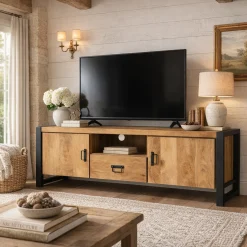 Meuble TV bois clair et métal noir 2 portes MILORA