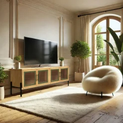 Meuble TV bois clair 4 portes vitrées contour vert BAGAN