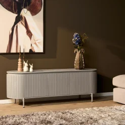 Meuble TV bois gris rainuré ovale 3 portes CALERO