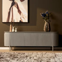 Meuble TV bois gris rainuré ovale 3 portes CALERO