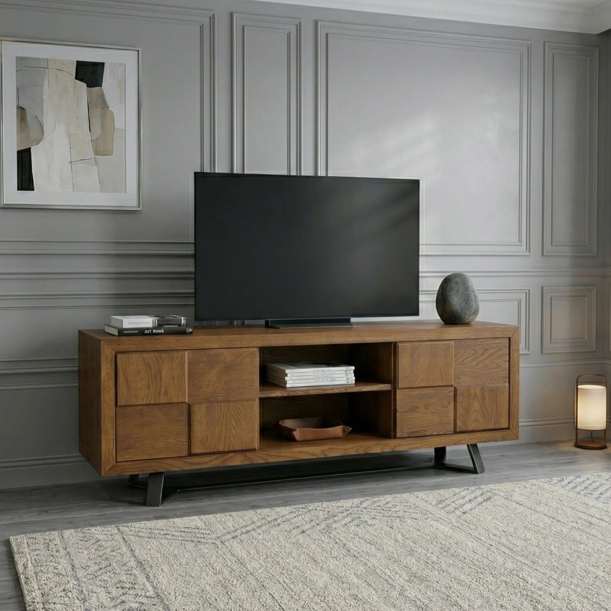 Meuble tv bois motif damier 150 cm OKA