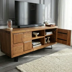 Meuble tv bois motif damier 150 cm OKA