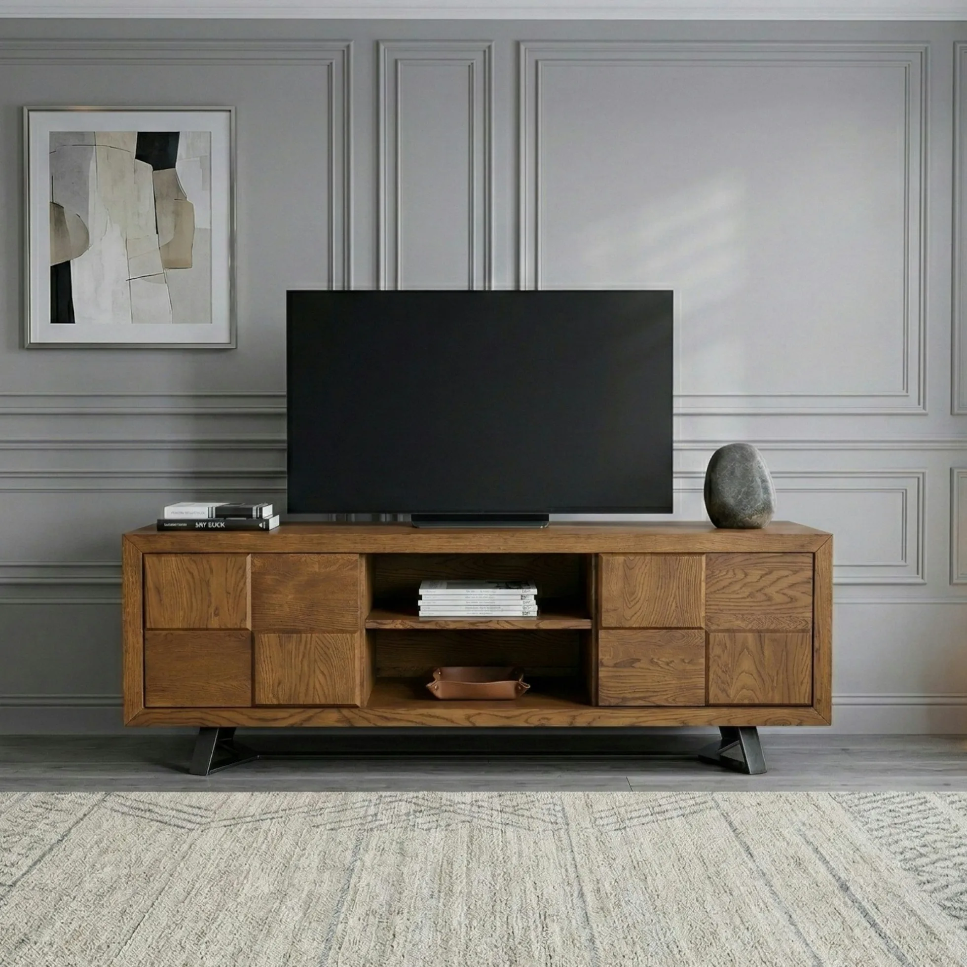 Meuble tv bois motif damier 150 cm OKA